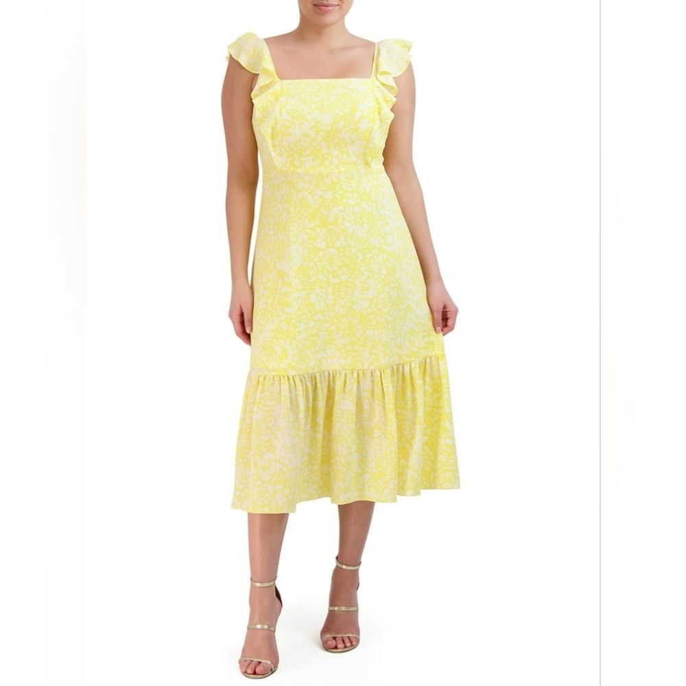 NWT BCBG Paris Yellow & White Ruffle Sleeveless Midi Dress XL 14-16